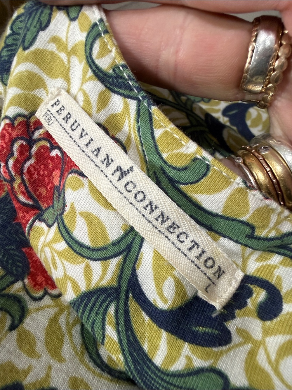 Peruvian Connection Pima Cotton Flora Print Quarter Sleeve Tunic Top Large - Picture 8 of 9